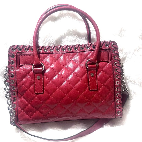 MICHAEL KORS HAMILTON HIPPIE GROMMET DARK RED QUILTED LEATHER SATCHEL BAG - Picture 10 of 14